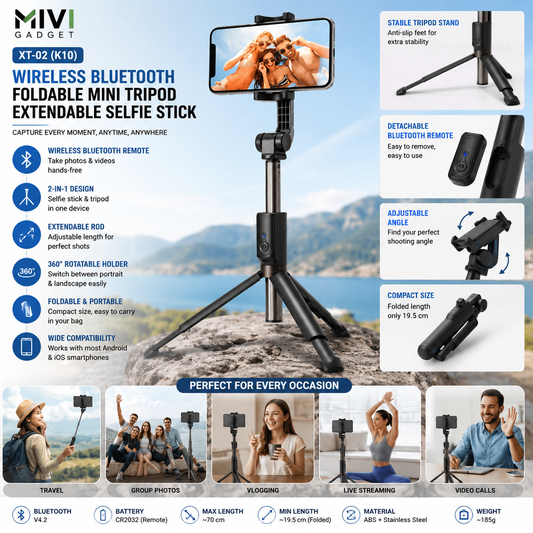MIVI GADGET - Wireless Bluetooth Foldable XT-02 (K10) Mini Tripod Extendable Selfie Stick